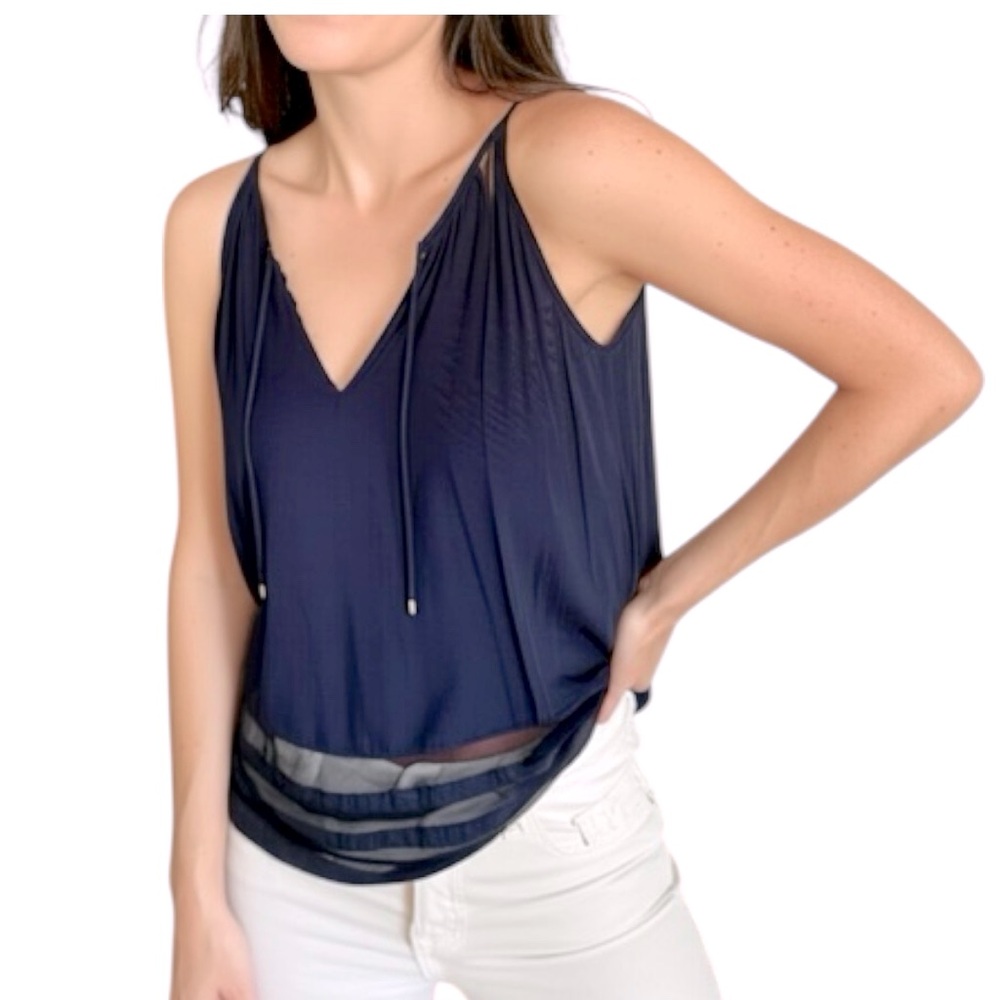 Ramy Brook Midnight Blue Silk Sleeveless Tank Top With Mesh Panels Size Medium